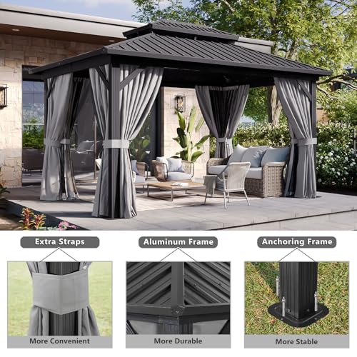 Aoxun 10Ft x 14Ft Hardtop Gazebo Aluminum Outdoor Pavilion with Netting and Curtains Gray