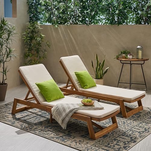 Christopher Knight Home Maki Outdoor Acacia Wood Chaise Lounge Set of 2 Teak Yellow Cream