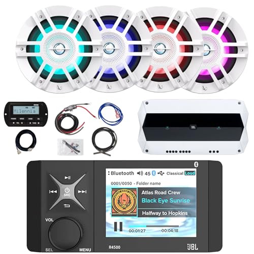 Enrock Marine 4" Color LCD Bluetooth AM/FM/WB Stereo Receiver with Remote & 4x 6.5" 300W White LED Speakers