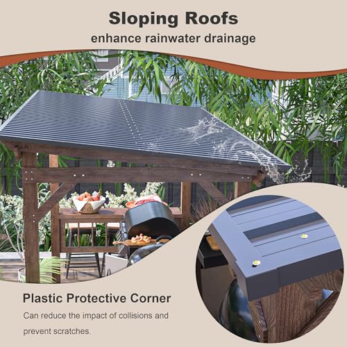 AMNOOI 13' x 6.5' Spacious Wooden Pergola Grill Gazebo with Metal Roof and Built-in Bulbs Brown