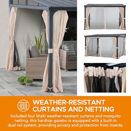 Sunjoy 12x14 ft Wall Mounted Gazebo with Powder Coated Steel Roof, Black Aluminum Frame, Curtains & Netting Black