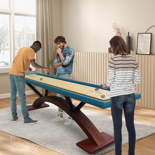 Beneouya Shuffleboard Table Curved Base Blue Top with 8 Pucks