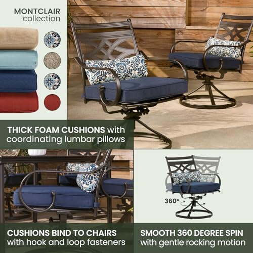 Hanover Montclair 11-Piece Patio Dining Set with 10 Swivel Rocker Chairs and Lumbar Pillows Navy Blue