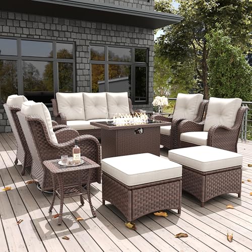 LayinSun 10-Piece Outdoor Patio Furniture Set with Fire Pit Table, Rattan Wicker Chairs, Ottomans, and Coffee Table Brown/Beige