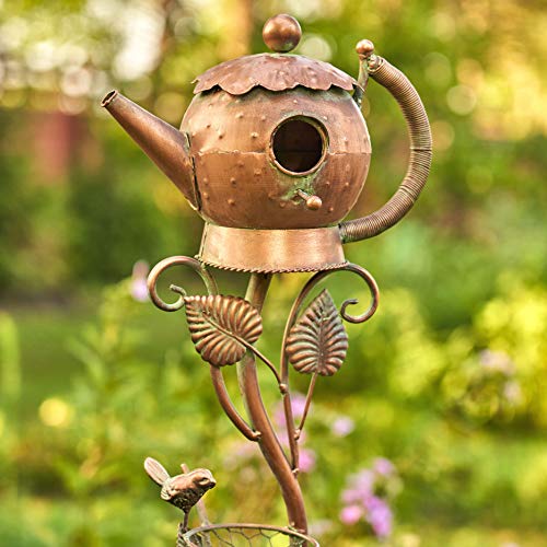 Zaer Ltd. Copper Colored Teapot Birdhouse Garden Stakes Set of 6