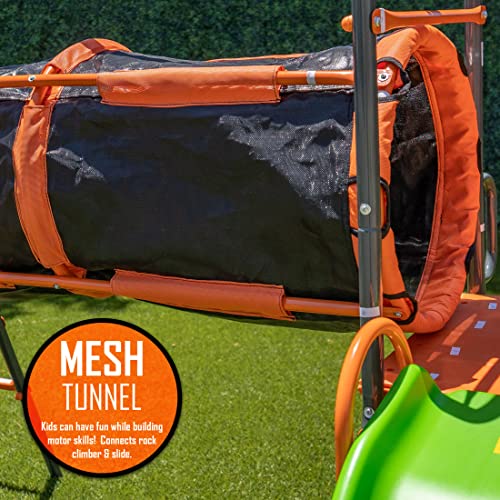 Jungle Warrior Anaconda Metal Swing Set with Saucer & Sling Swings, Rock Wall, 5ft Slide Orange/Green/Grey