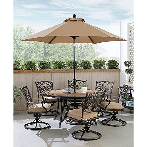 Hanover Monaco 7-Piece Outdoor Patio Dining Set with 6 Cushioned Swivel Rocker Chairs, 60" Round Table, Umbrella & Base, Tan