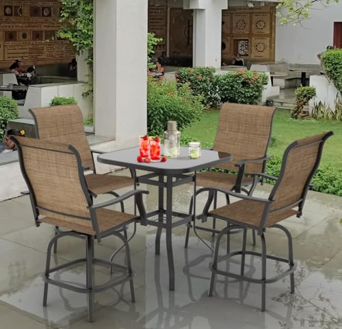 Generic 5 Piece Outdoor Bar Stools Set - 4 Swivel Patio Chairs & 1 Bistro Table with Umbrella Hole Upgraded Brown