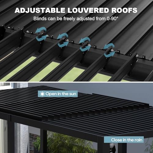 GS CHIER Outdoor Louvered Pergola 10' x 20' Black with Curtain