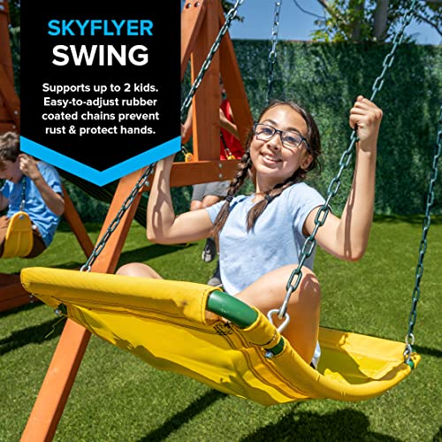 Sportspower Olympia Wood Swing Set with 3 Swings, Slide & Monkey Bars Natural/Green
