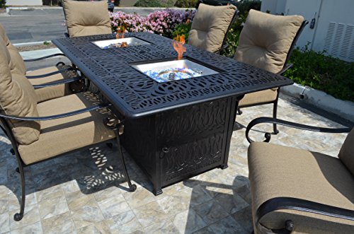 theWorldofpatio 7pc Santa Anita Cast Aluminum Dining Set with Propane Fire Pit Antique Bronze