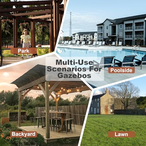 AMNOOI 13' x 6.5' Spacious Wooden Pergola Grill Gazebo with Metal Roof and Built-in Bulbs Brown