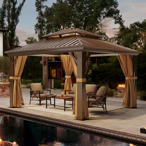 YITAHOME 12x12ft Hardtop Gazebo with Nettings and Curtains Bronze
