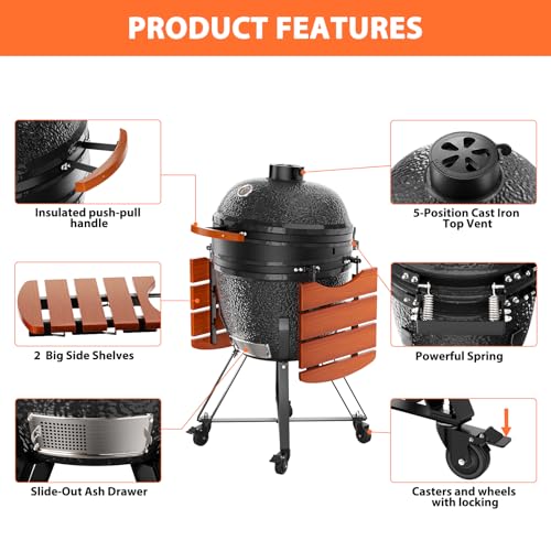 ROOMTEC 18-Inch Kamado Ceramic Charcoal Grill Portable with Cart and Side Shelves Black-B