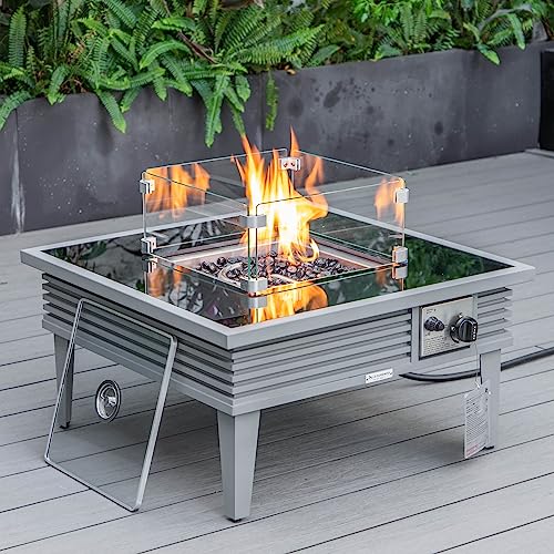 LeisureMod Walbrooke Modern Aluminum 5-Piece Patio Conversation Set with Fire Pit Table Navy Blue