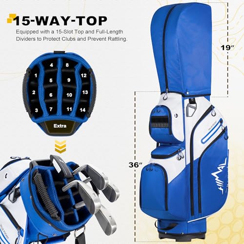 UNIHIMAL Golf Cart Bag 15 Way Organizer Divider Top with Handles and Rain Cover Blue-White