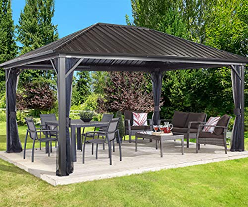 Sojag 12' x 16' Genova II Hardtop Gazebo Outdoor Aluminum Frame Shelter with Mosquito Net Black/Brown