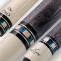 Meucci Pool Cues - Merry Widow Blue & Gray Maple Cue Stick with Paua Shell Squares Design, Irish Linen Wrap - Smoke Stain, Blue/Black Lacquered Linen
