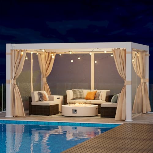 COSIEST 10'×13' Louvered Aluminum Pergola with Adjustable Roof & Curtains White