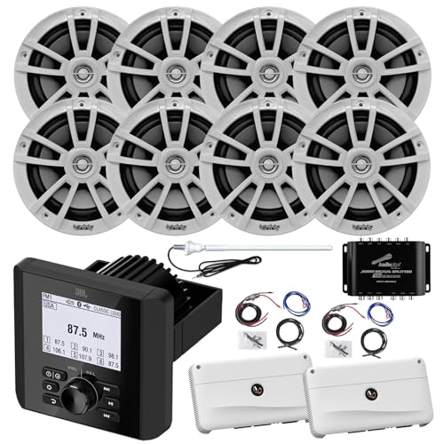 Enrock Marine Bluetooth AM/FM Radio with 8x 6.5" Speakers, 2x Amplifiers & Wiring Kit - White