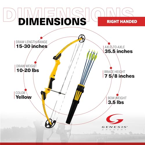 GENESIS Archery Original Adjustable Right-Handed Compound Bow Kit with Belt Quiver, Arm Guard, Arrows Yellow