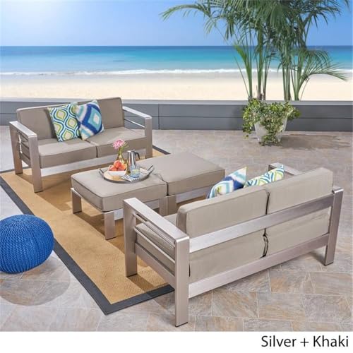 Noble House Cape Coral 4-Seater Aluminum Loveseat and Ottoman Set Silver/Kahki