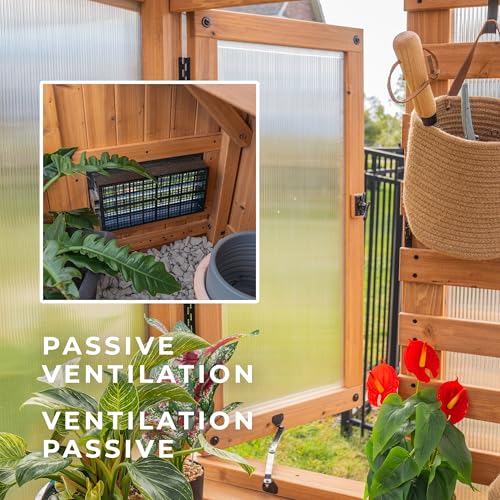 Backyard Discovery Willow 9' x 6' Cedar Greenhouse Kit with Exhaust Fan, Windows, and Staging Shelves Light Brown