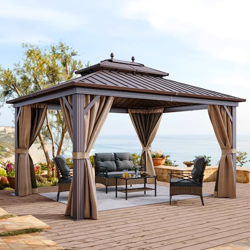 YITAHOME 10x12ft Hardtop Gazebo with Nettings and Curtains Bronze