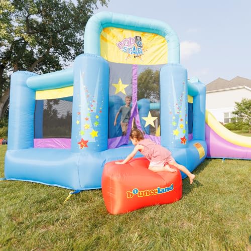 Bounceland Pop Star Inflatable Bounce House with Slide and Basketball Hoop Blue