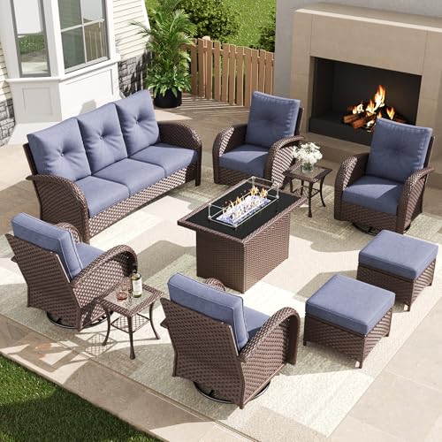 KHOLH 10-Piece Outdoor Patio Furniture Set with Fire Pit Table, Brown/Navy Blue
