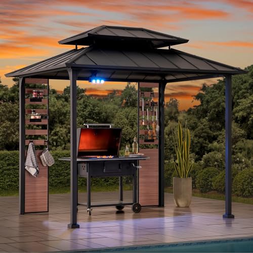 Sunjoy 7 x 9 ft. Grill Gazebo 2-Tier Hardtop Pergola with Ceiling Hooks and Storage Shelves Black