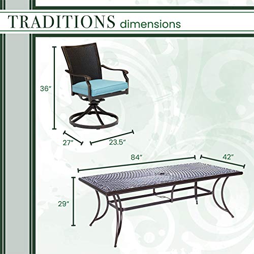 Hanover Traditions 9-Piece Outdoor Dining Set with 8 Cushioned Swivel Rocker Chairs and 42" x 84" Table Blue