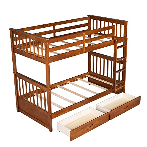 Jintop Twin-Over-Twin Bunk Bed with Ladders & Storage Drawers Walnut