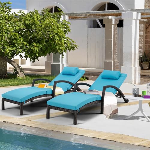 HOMREST Chaise Lounge Chairs Set of 6 PE Rattan Wicker Adjustable Pool Lounger Blue