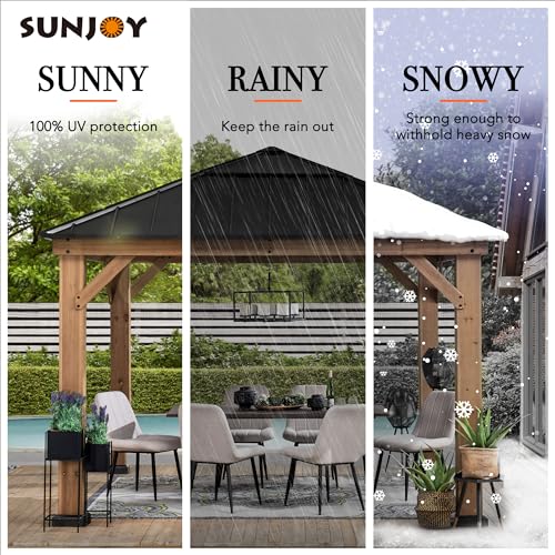 Sunjoy Hardtop Gazebo 11x11 ft Cedar Frame Black Steel Polycarbonate Roof Black + Natural Wood