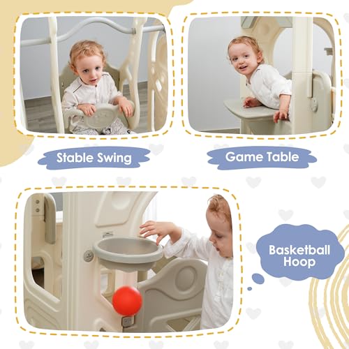KZPFER 6-in-1 Toddler Slide and Swing Set Off-White/Grey