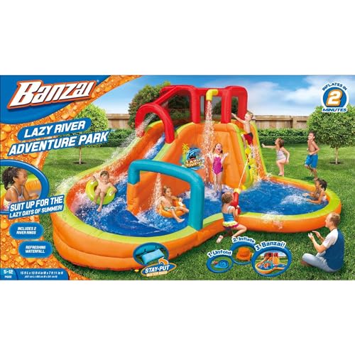BANZAI Inflatable Water Park with Waterslide, Water Cannon, and Splash Pool