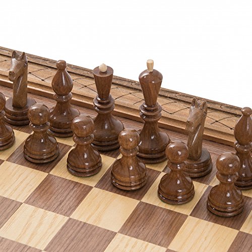 HandCraftoria 19.3" Handmade Wood Chess Set with Storage Drawer Bronze Symbols Brown