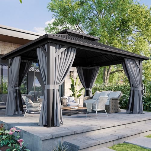 Aoxun 12Ft x 14Ft Hardtop Gazebo with Breathable Netting and Curtains Gray