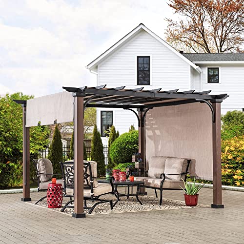 Sunjoy Outdoor Pergola 11x11 ft Black Steel with Retractable Tan Sun Shade Canopy
