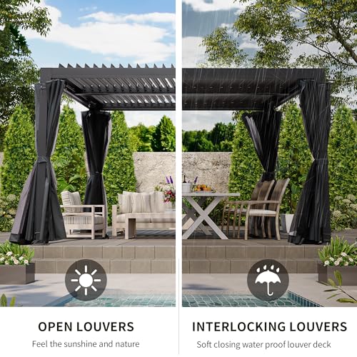 LATTOY Louvered Pergola 10x12 Aluminum with Adjustable Roof and Waterproof Curtains Black 10x20 FT