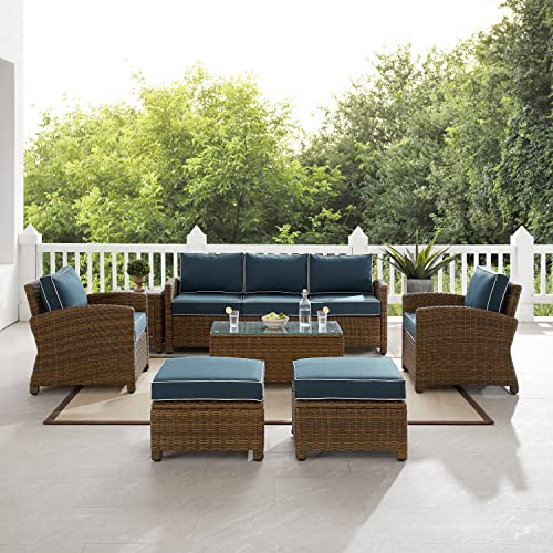 Crosley Furniture Bradenton 7-Piece Outdoor Sofa Set Weathered Brown with Navy Cushions