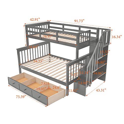 MERITLINE Twin Over Full Bunk Bed with Storage Drawers, Shelves, Guardrails, and Stairs Grey