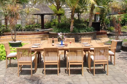 WholesaleTeak 11 Pc Luxurious Grade-A Teak Dining Set with 117" Rectangle Table and 10 Lua Stacking Arm Chairs