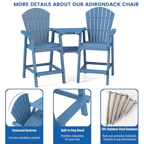 FOOWIN Tall Adirondack Chairs Set of 4 Recycled Poly Patio Stools with Tray Navy Blue