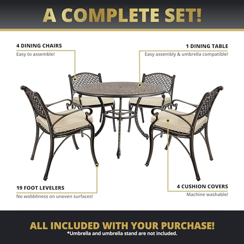 Kinger Home 5-Piece Cast Aluminum Outdoor Dining Set with Cushions, Oil-Rubbed Bronze