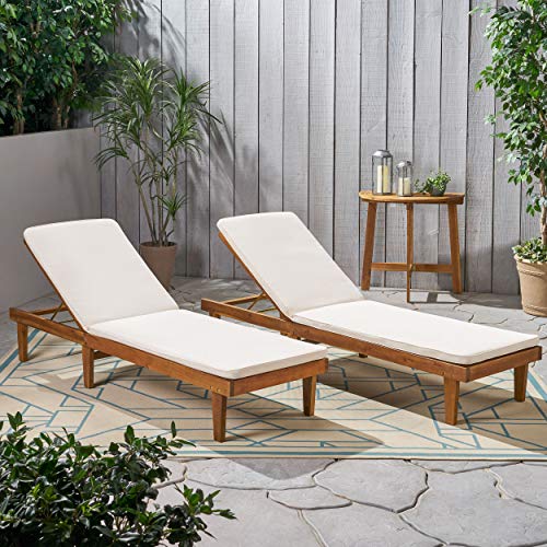 Christopher Knight Home Madge Outdoor Chaise Lounge with Cushion Set of 2 Teak Finish Cream