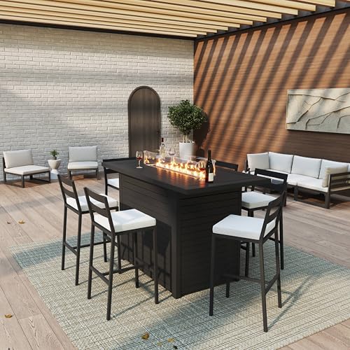 LeisureMod Chelsea Collection Aluminum Outdoor Dining Set with Fire Pit Table and 6 Bar Chairs Beige