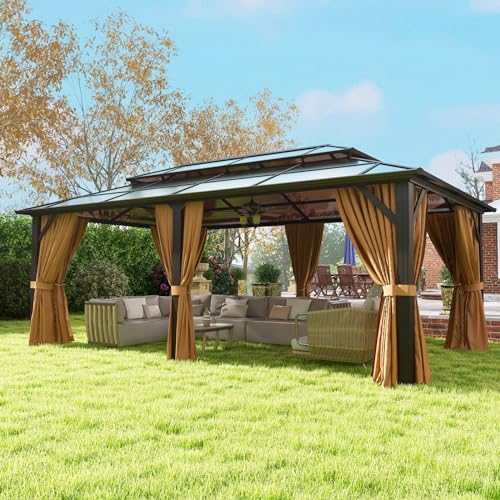 oneinmil 12'x20' Hardtop Gazebo with Netting and Curtains, Aluminum Frame, Heavy Duty Canopy for Patio, Backyard, Lawn Brown