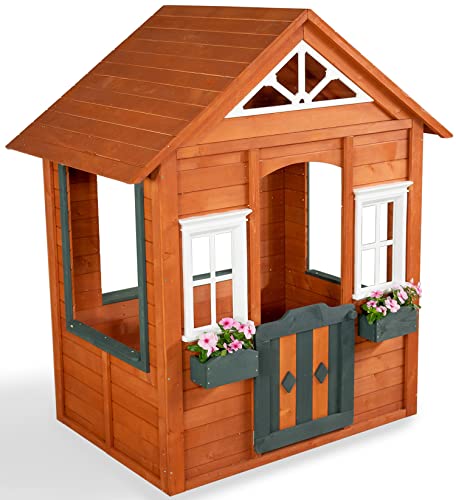 Sportspower Woodbridge Wooden Outdoor Playhouse with Flower Boxes Red
